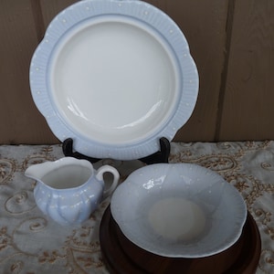 SHELLEY, England  13897/S33 - CHOICE: Dainty shaped Embossed White Polka Dots on Baby Blue - Rimmed Soup Bowl / Milk Creamer / OR Berry Dish