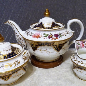 Hicks, Meigh & Johnson, Staffordshire - c.1835 - 3pc TEA SERVICE SET #812 - Teapot, Sugar Bowl, Creamer w/ assorted Hand-Painted Flowers