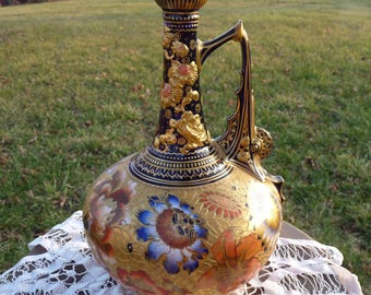 Royal Crown Derby - IMARI style - hand-painted Flowers, embossed Gilt Gold & Cobalt Blue - Single Handled Bulbous Melon Jug Shape 852 / 2246