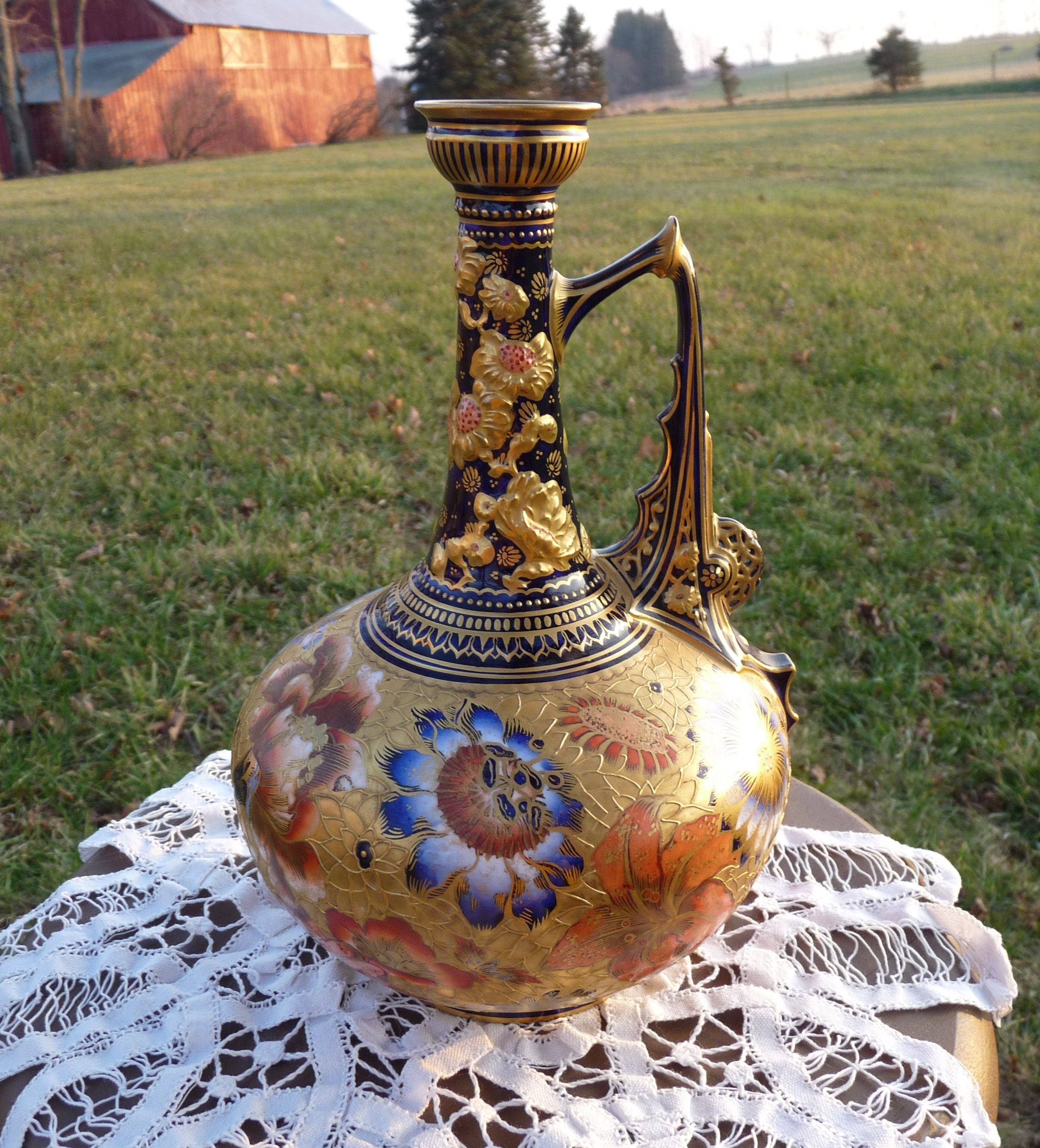 Royal Crown Derby - Imari Style Hand-Painted Flowers, Embossed Gilt Gold & Cobalt Blue Single Handled Bulbous Melon Jug Shape 852/2246