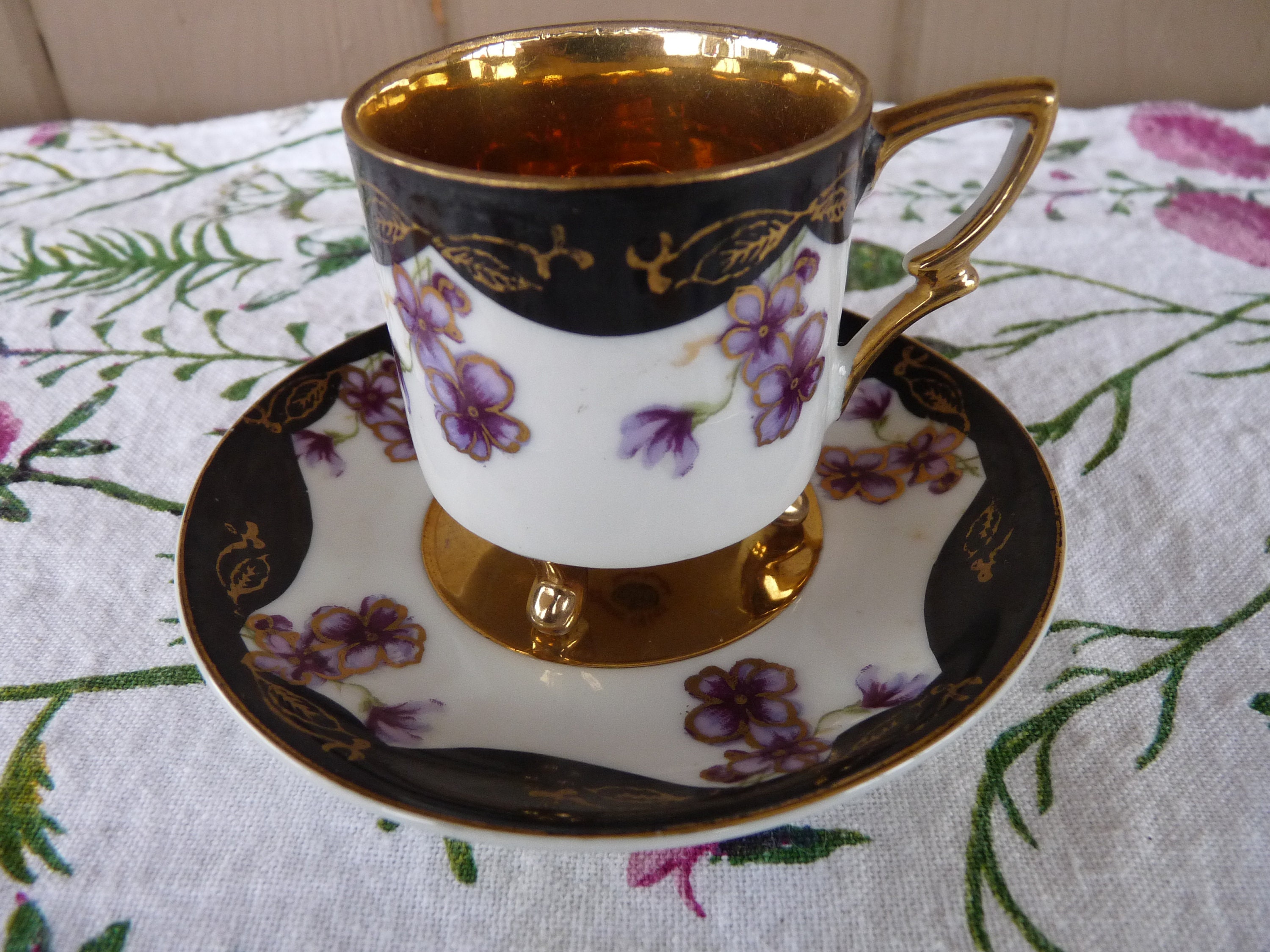 L.Amour - Japan - Hand-Painted Violets #6352 - footed Mocha / Demitasse Cup & Saucer Set for Display - Gold interior