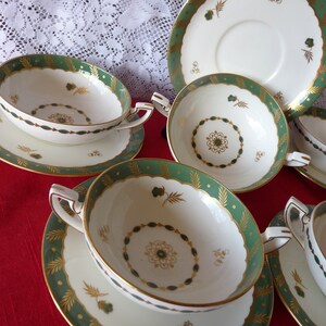 Royal Worcester, England - W9701 - Georgian Green - One or Set 6   c.1931 double handled Coupe  Bouillon / Cream SOUP CUP and SAUCER Set(s)