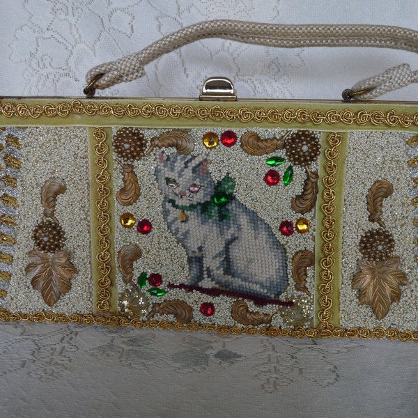 Rare - CARON of Houston Texas 1950's Off White Hand Bag PURSE~Needlepoint White Cat with Sequins & Rhinestones