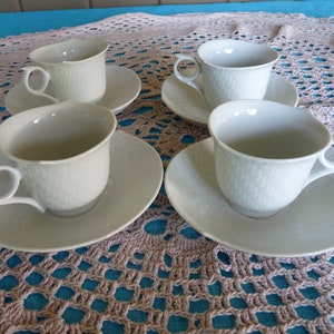 Meissen Germany signed Weifs Wave White  shape Waves Relief - SET 4 - 3oz. DEMITASSE Espresso Flat Cup and Sauces SETS - Clean Marks!!
