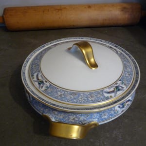 Theodore Haviland Limoges France &quot;RANI&quot; pattern Mid Handle Round Covered Vegetable Dish (chip on lid) cartouches containing Bird of Paradise