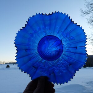 NORTHWOOD Carnival Glass Co. - c.1911 - Cuenco de exhibición "Pavos reales en la cerca" azul eléctrico iridiscente con volantes y borde dentado.
