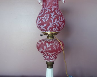 matching PAIR Fenton for L.G. Wright Cranberry Opalescent Satin Glass in the Daisy & Fern pattern - electrified Parlor Table Banquet Lamps