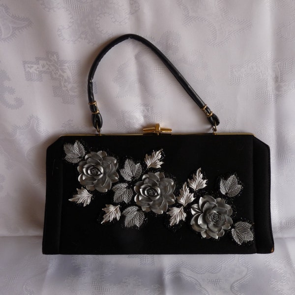 CARON of Houston Texas 1960's Black HANDBAG PURSE Silver Flowers Black Sequins..