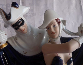ROYAL DUX Bohemian Art Nouveau Large 20&quot; Tall CARNIVAL Masquerade Figural Dancing Couple Figure Statue in Cobalt Blue, White & Gold