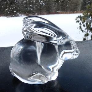 May include: A clear glass rabbit figurine with a smooth, reflective surface. The sculpture depicts a seated rabbit with its ears erect. The figurine is displayed on a dark surface, with a snowy outdoor scene in the background.