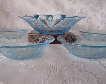 FOSTORIA Glass Company - 5pc BERRY SET Blue Depression Etched Glass Kashmir pattern Double Handle Master Berry Bowl w/ Four Dessert Dishes