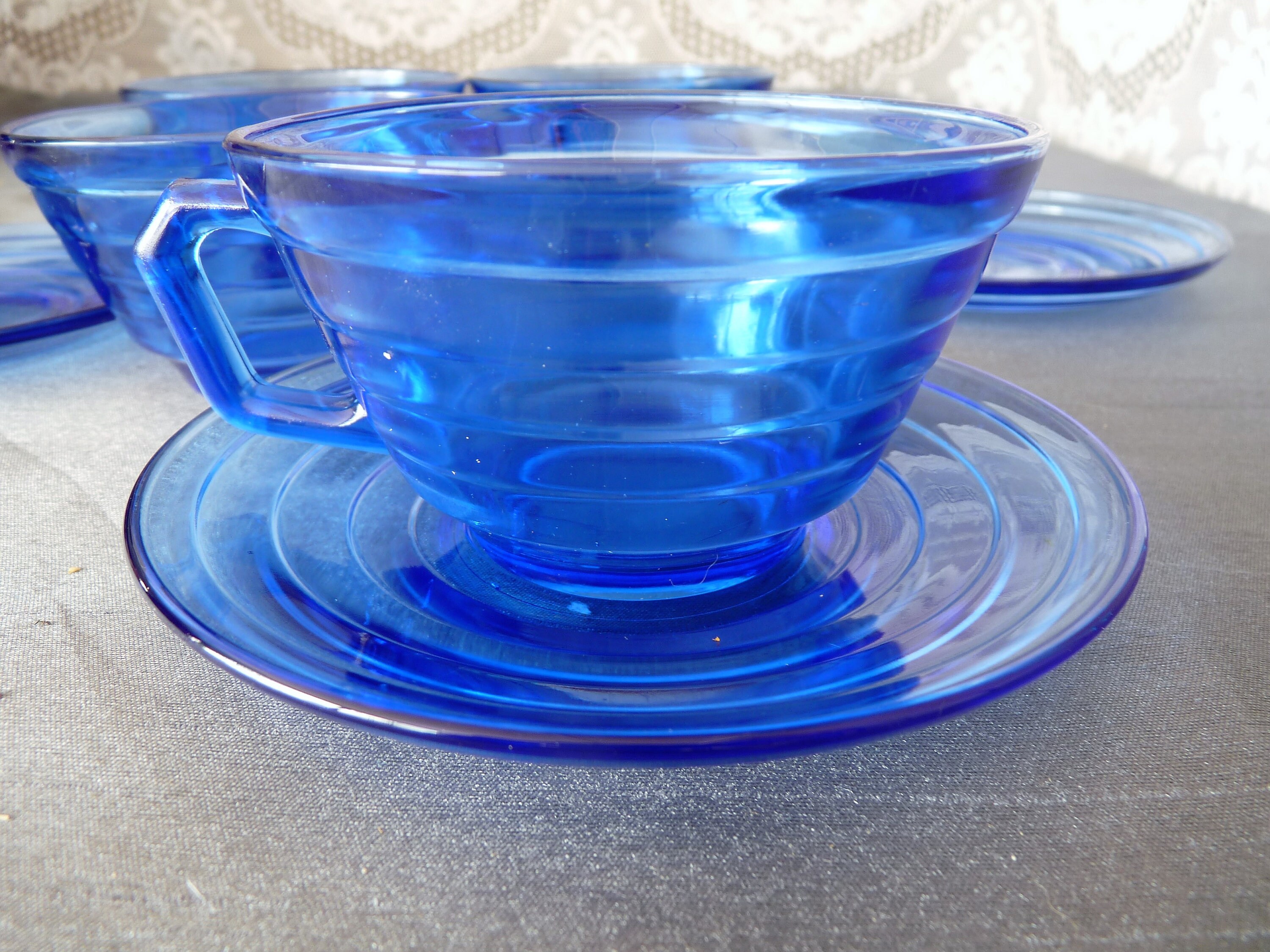 Set Of 8 Hazel Atlas Moderntone Blue Depression Glass Cups - Ruby Lane