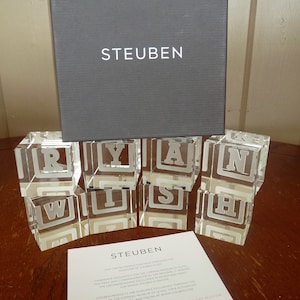 signed Steuben Art Glass - CHOICE of LETTERS :  W-I-S-H-R-Y-A-N  - Baby&#39;s Blocks - Designed by Joel Smith