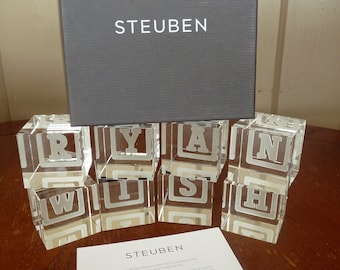 signed Steuben Art Glass - CHOICE of LETTERS :  W-I-S-H-R-Y-A-N  - Baby&#39;s Blocks - Designed by Joel Smith