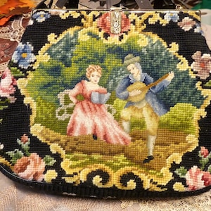 French Bag Shop - Miami Beach, Florida - Exquisito bolso de mano / bolso de teatro / bolso de mano con bordados franceses de pareja y flores de los años 50