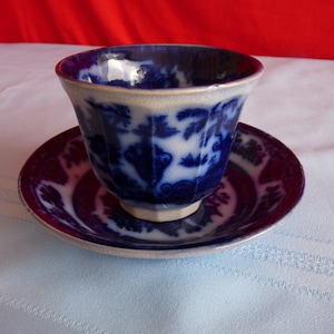 Podmore Walker & Co - Antique c1845 - Oriental/Asian Flow Blue TEMPLE pattern Handless Cup and Underplate