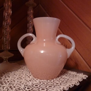 Stevens and Williams or the manner of - PINK OPALINE Blown Glass - Victorian Era - Alabaster White Double Handled 8" VASE