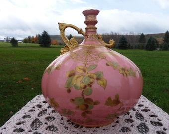 ROYAL CROWN DERBY Aesthetic Movement - Salmon Pink and Gilt Gold Flowers, Fruits & Scrolls - Single Handled Melon Ribbed Bulbous Jug #677