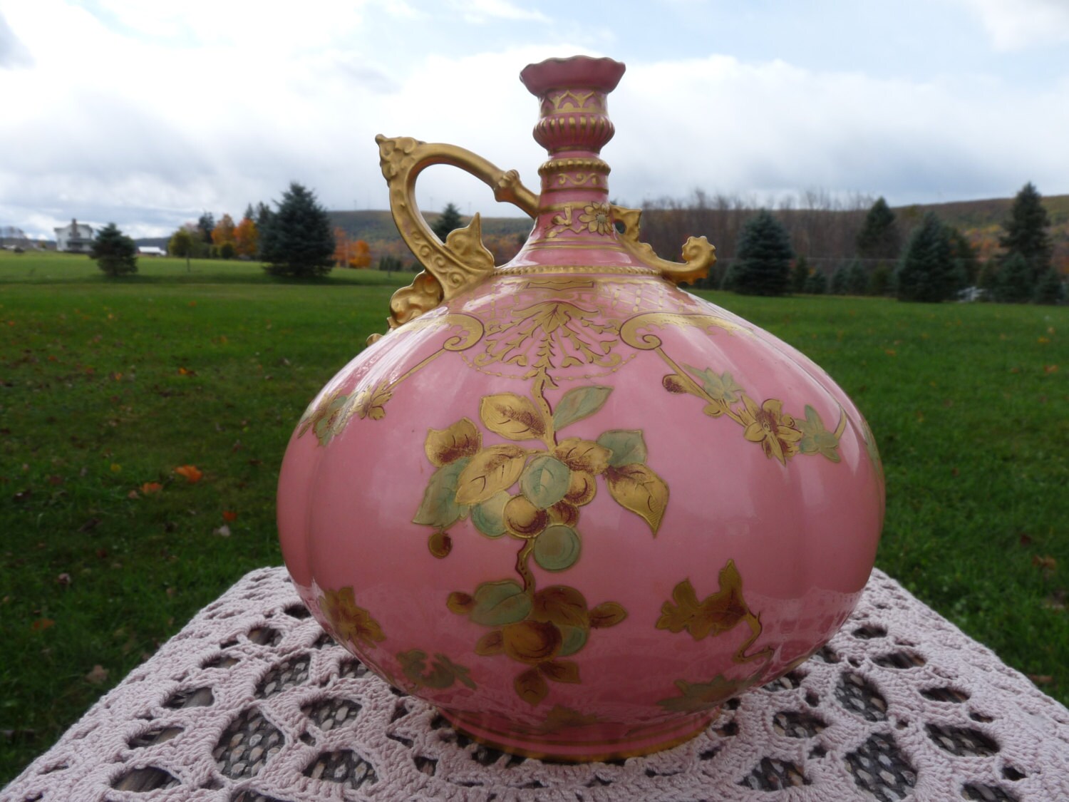 Royal Crown Derby Aesthetic Movement - Salmon Pink & Gilt Gold Flowers, Fruits & Scrolls Single Handled Melon Ribbed Bulbous Jug #677