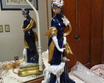 Continental Figural TABLE LAMP Base - Cobalt Blue & Gold Woman (Lady) Figurine Walking Her Whippet Dog Porcelain Figurine .. Possibly KPM