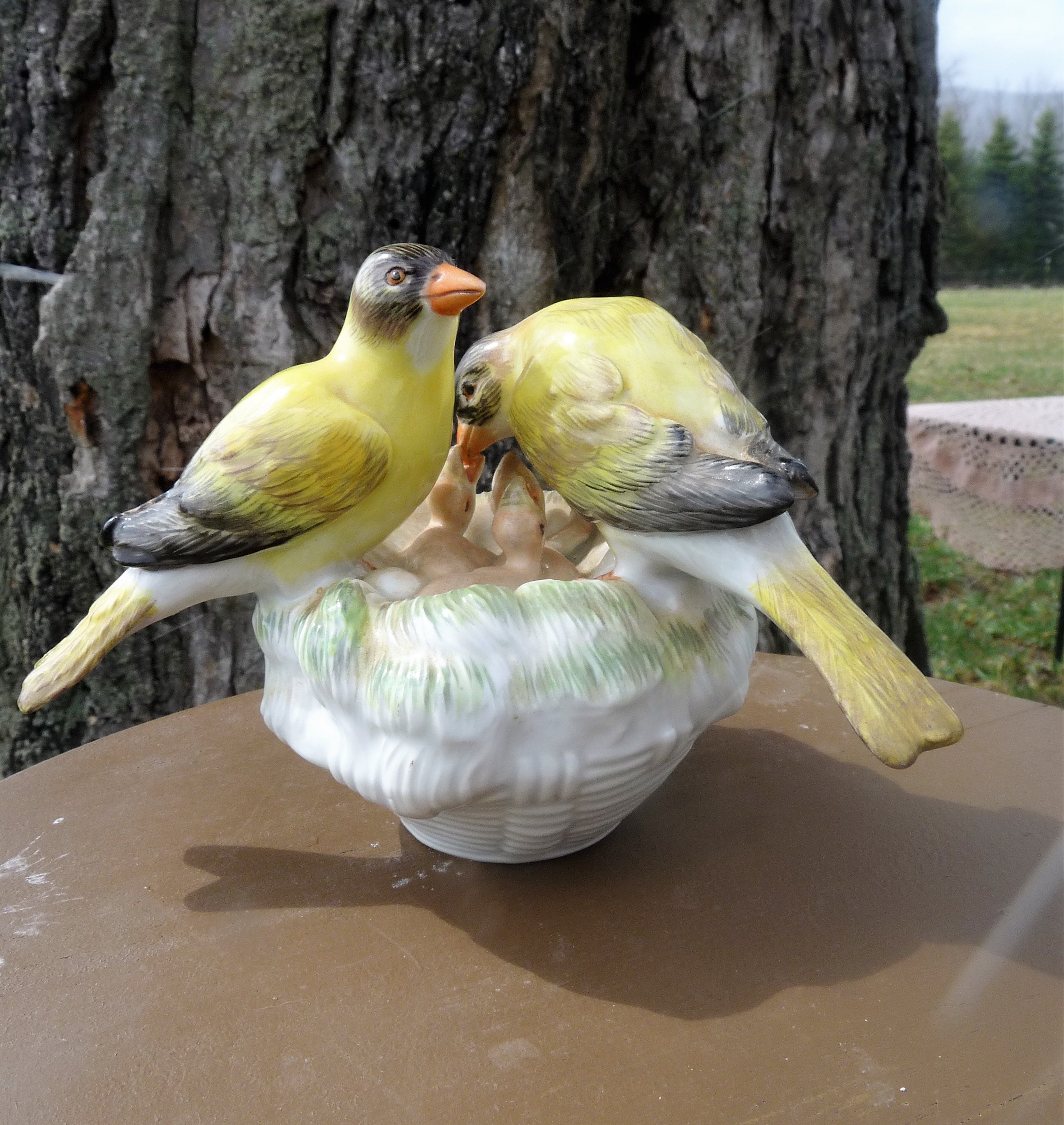 Rare and Exquisite MEISSEN Porcelain Yellow Finch Birds Perched on