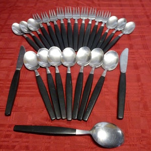Modern Mid-Century Danish designer Nils Johan - LOT of 25 - Marsta Black Handles Stainless Silverware / Flatware pieces - Made in Sweden