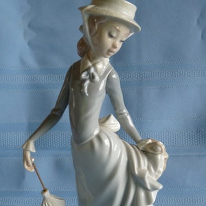 May include: A porcelain figurine of a girl in a blue dress and white hat holding a white umbrella. The figurine is standing on a base with green leaves.