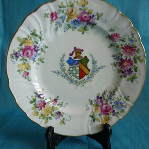 Lot of Two (2) - Dresden ARMORIAL CREST Coat of Arms PLATES with Scattered Botanical Flowers & Gold Trim.. Made in Germany