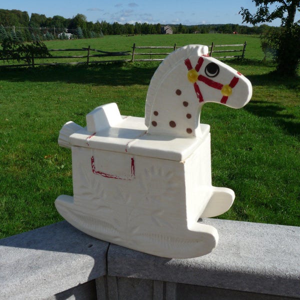 A Rare Find!  METLOX Potteries - Antique Hand-painted Unsigned "ROCKING HORSE" Cookie Jar - Red Harness, Brown Spots and Eyes  Unites States