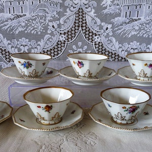 Nymphenburg Bavaria (Perl) Pearl En eller Set 6 Dodekagon Espresso Demitasse Kopp & Fat SET(ER) #982 VÄLJ: Blandade handmålade blommor