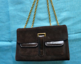 BLOCK Small BROWN SUEDE Evening Bag Baguette Purse with Gold Chain Handle