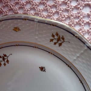 May include: Close-up of a white porcelain plate with a gold rim and a navy blue accent line. The plate has a textured surface and is decorated with gold leaf sprigs. The plate is likely part of a dinner service.