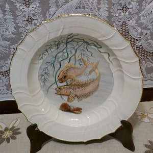 Germany - KPM Berlin - Neuosier form w/ Gold Trim 12.25" Display Bowl / SERVING BOWL featuring Hand-Painted Brown Fish & Clams design