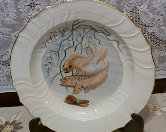Germany - KPM Berlin - Neuosier form w/ Gold Trim 12.25" Display Bowl / SERVING BOWL featuring Hand-Painted Brown Fish & Clams design
