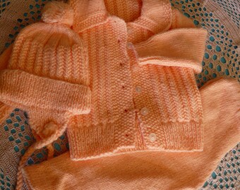 Handmade Knitted Toddler Baby Girl Medium Orange CARDIGAN SWEATER and matching PANTS + Hat 12-24 mos - see measurements