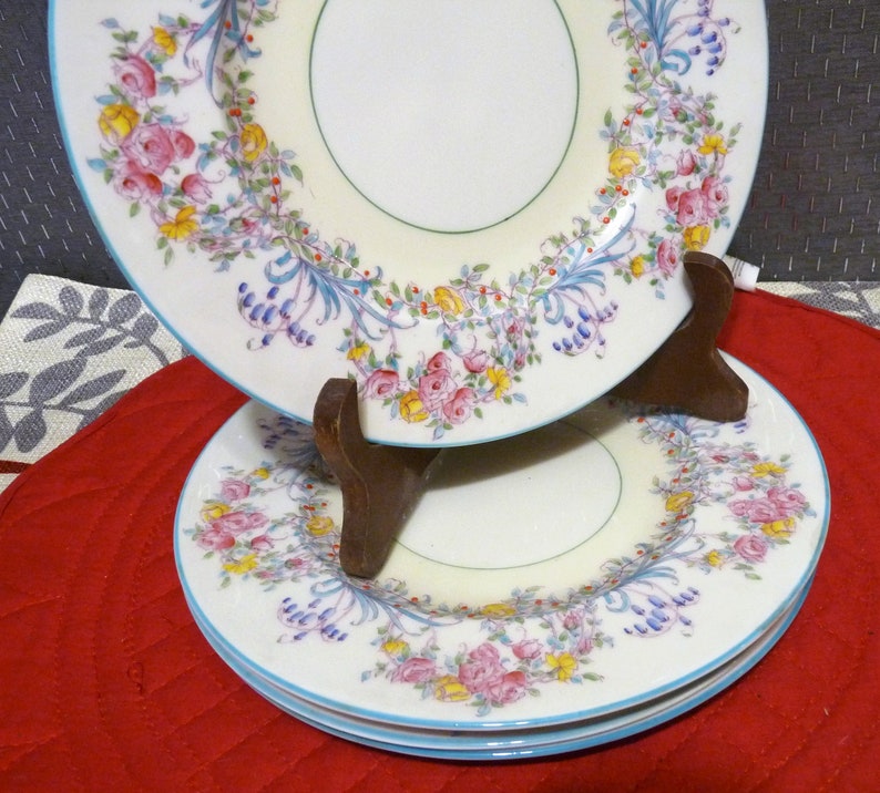 Royal Worcester, England ONE or SET 4 - Dinner Plate(s) or Salad Plate(s) in the Z502-1 JUNE pattern w/ Turquoise edging & Flowers image 3