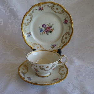 REICHENBACH Germany - hand-painted Dresden FLOWER Sprays plus Scrolled and Gilt Gold - 3pc TRIO Set - Dessert Plate, Tea Cup and Saucer Set