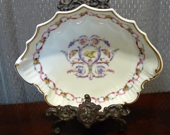 Richard GINORI - One - discontinued RAPALLO pattern - Fluted Gold Trim Rim Oval Tray / Oval Dish - Pink Ribbon and Flower Cluster Accents