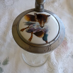 Germany Crown Mark -  .5L Half Litre Glass Beer Stein with Pewter Lid and Porcelain Inlaid with Fox & Duck