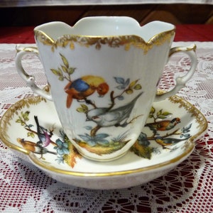 Puede incluir: Una taza de té y un platillo de porcelana blanca con un borde dorado y un diseño floral con pájaros coloridos. La taza tiene dos asas.