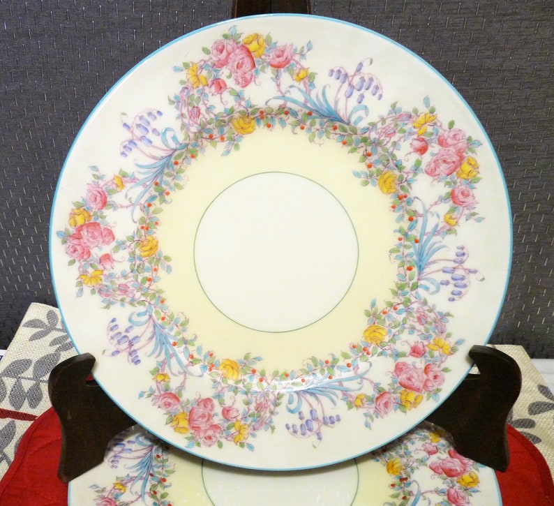 Royal Worcester, England ONE or SET 4 - Dinner Plate(s) or Salad Plate(s) in the Z502-1 JUNE pattern w/ Turquoise edging & Flowers image 10