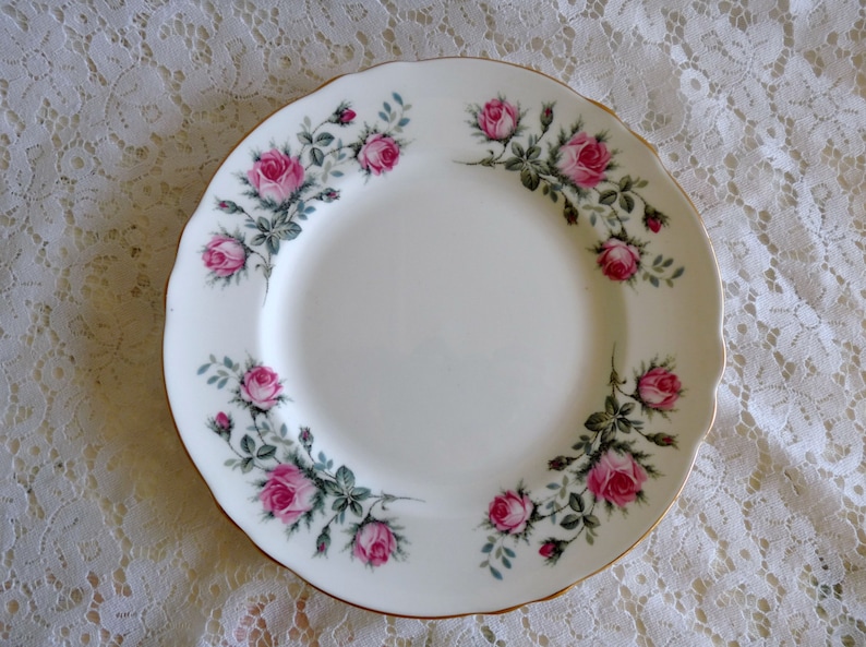 STAFFORDSHIRE  Majestic Choice Set of Four Mint Condition!! 8.25 Salad Dessert LUNCH PLATES. Pink Rose Flowers