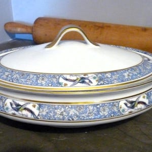 Theodore Haviland Limoges France &quot;RANI&quot; pattern Mid Handle Oval Covered Vegetable Dish & cartouches containing Bird of Paradise