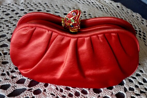 JUDITH LEIBER 1980's Red Satin Evening Bag W/ Butterfly 