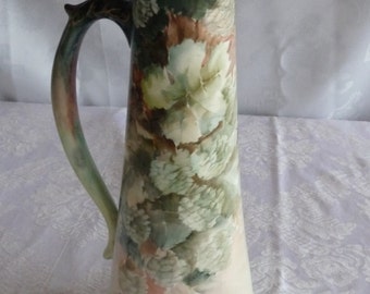 AKD KLINGENBERG & DWENGER Porcelain Factory, Limoges France 12.5&quot; Tankard, Pitcher, Urn with Hand-Painted Snowball Hops Flowers