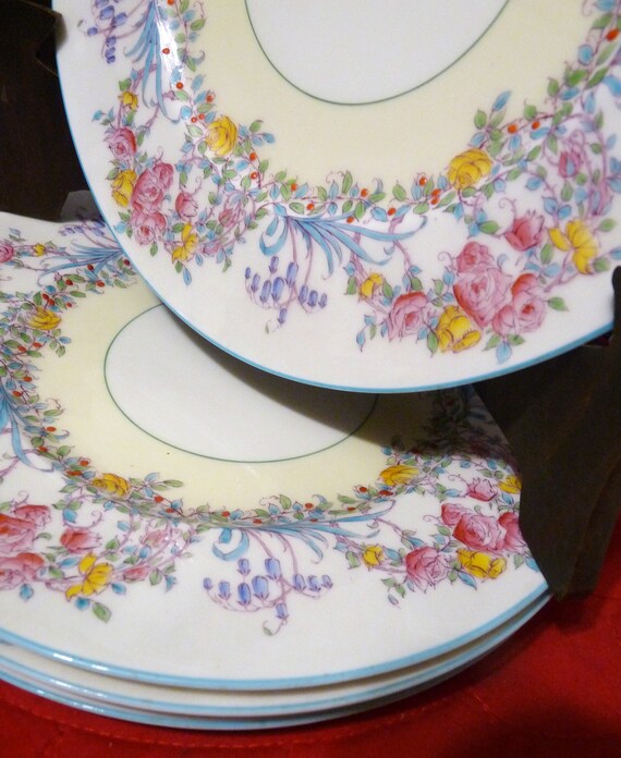 Royal Worcester, England  ONE or SET 4 - Dinner Plate(s) or Salad Plate(s) in the Z502-1 JUNE pattern w/ Turquoise edging & Flowers