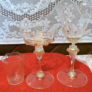 MURANO, Italy for Barovier & Toso  Salviati - Hexagonal Hand Blown Venetian Gold Inclusion Glass Stemware(s) - applied pink drips / rosettes