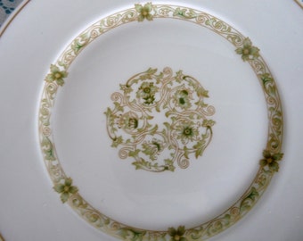 HAVILAND Limoges France - MEURICE pattern - Set 4 - 7 5/8" Salad PLATES - Green Floral & Gold Scrolls