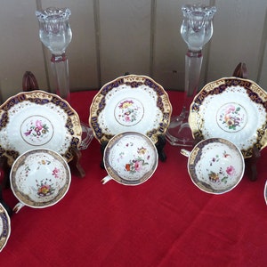 Hicks, Meigh & Johnson, Staffordshire - c.1800&#39;s - CHOICE Tea Cup / Saucer Set UNMARKED #812 w/ Gold, Hand-Painted Flowers, Cobalt Blue Band