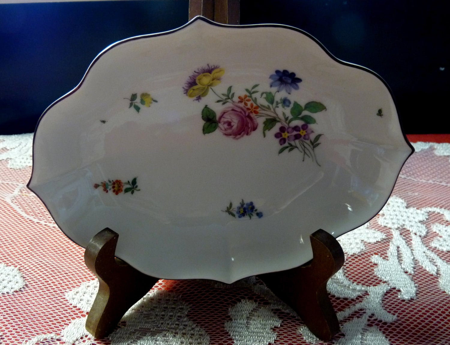 Augarten Wien Vienna Austria - Hand-Painted #74 Delicate Floral Side Dish/Vanity Trinket Jewelry Dish... Brown Trim